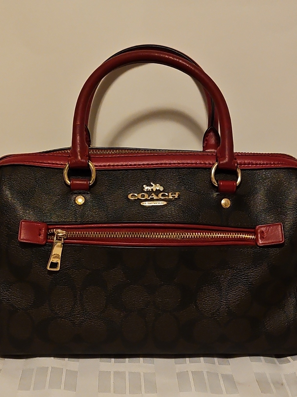 Coach Signature Satchel in Black and Burgundy